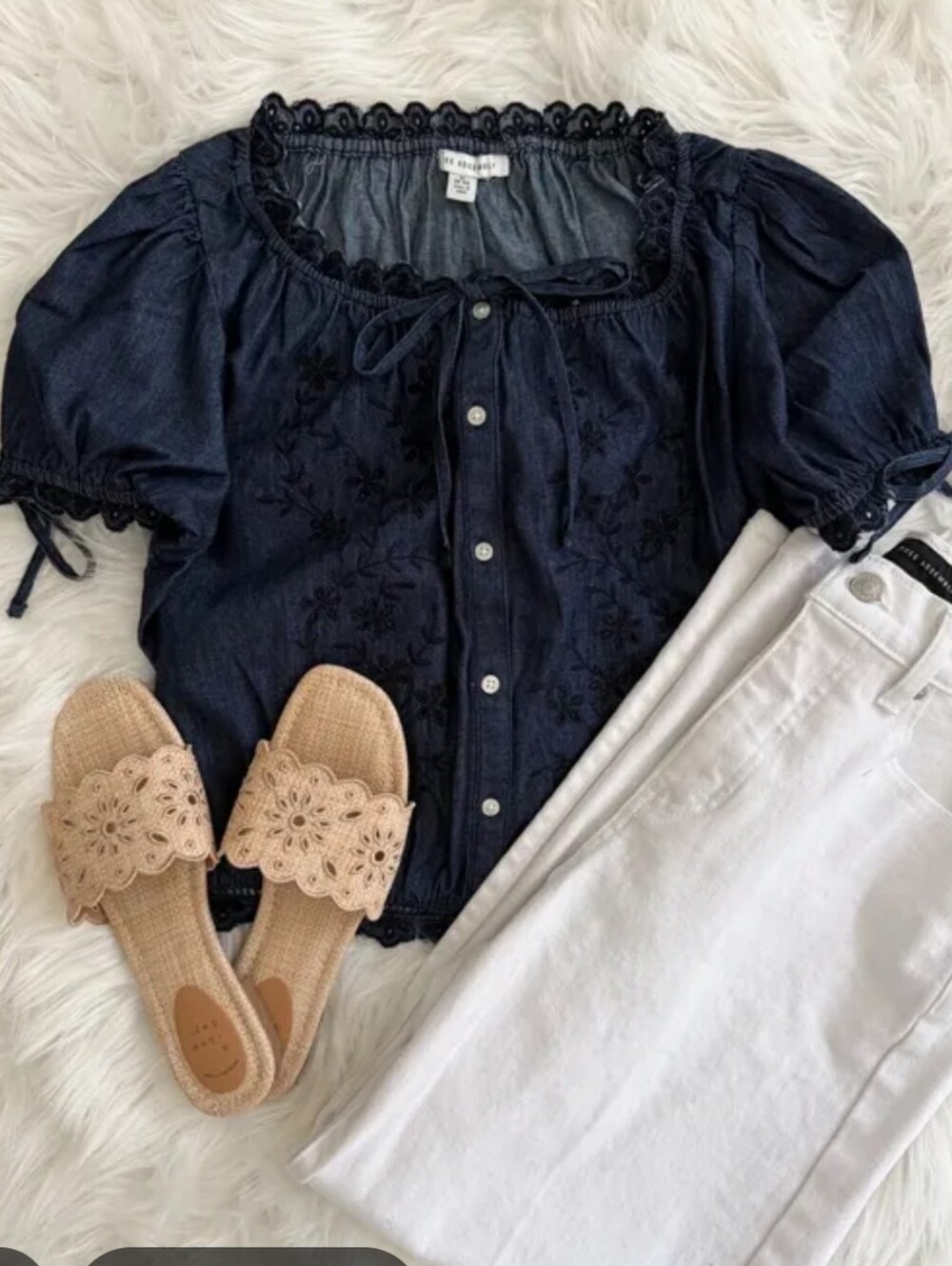 NWT Free Assembly Women's Dark Blue Embroidered Cropped Cotton Top XS - Picture 9 of 11